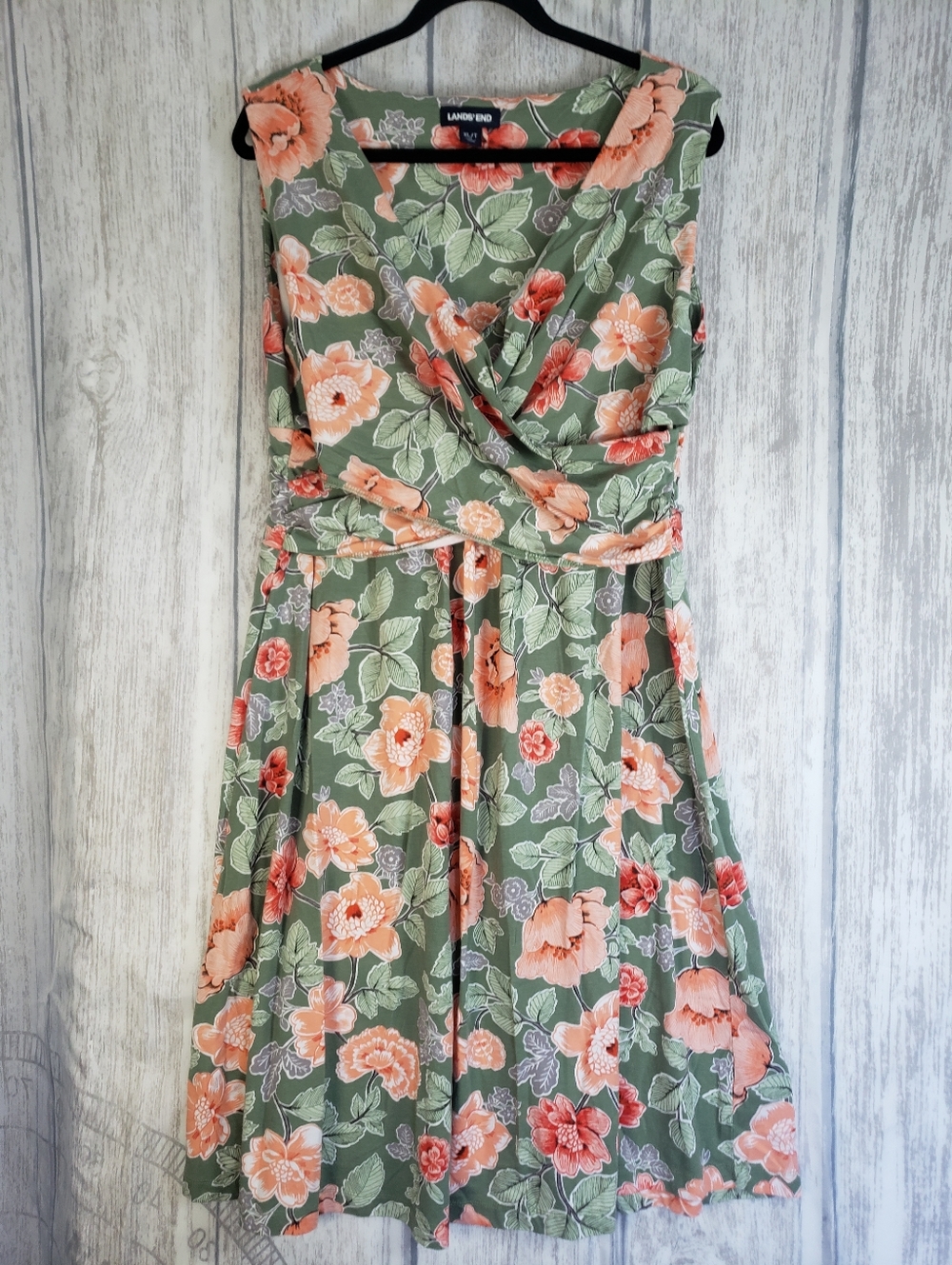 Lands' End Olive Green Sleeveless Floral Wrap Midi Dress  & Peach Blooms XL Tall